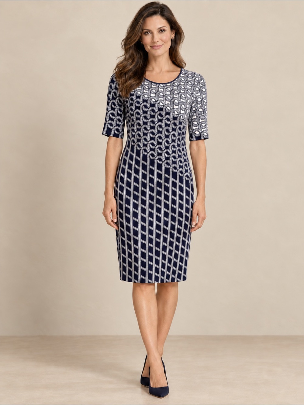 St. John Navy Ivory Geometric Knit Sheath Dress Size 4